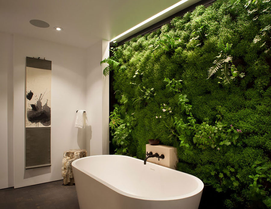 Instalación de jardín vertical interior en un baño para el aprovechamiento de las aguas grises.