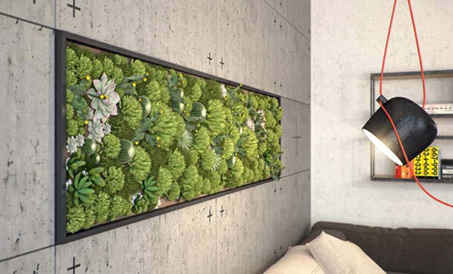 Jardín vertical totalmente empotrado en un tabique.