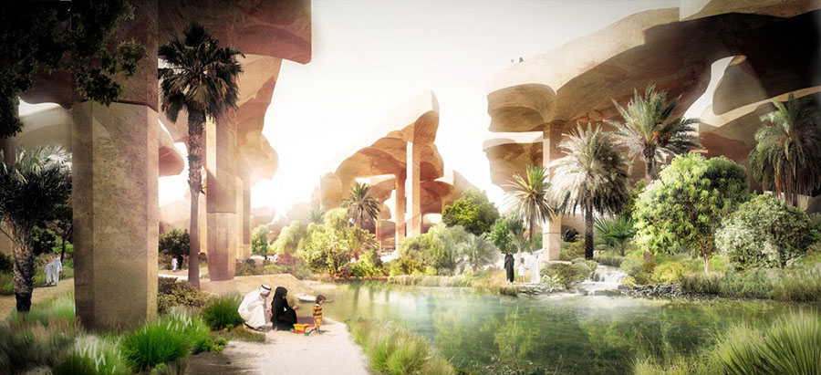 Proyecto para el futuro parque subterráneo Al Fayah en Abu Dhabi. Mediante un sistema de cubiertas se evita la evaporación de agua y se favorece la proliferación de un ecosistema. Heatherwick arquitectura. 