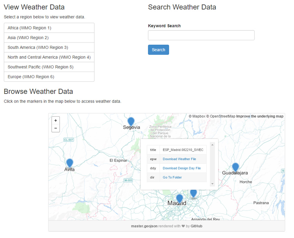 Mapa para la descarga de los datos climáticos. Web de EnergyPlus.