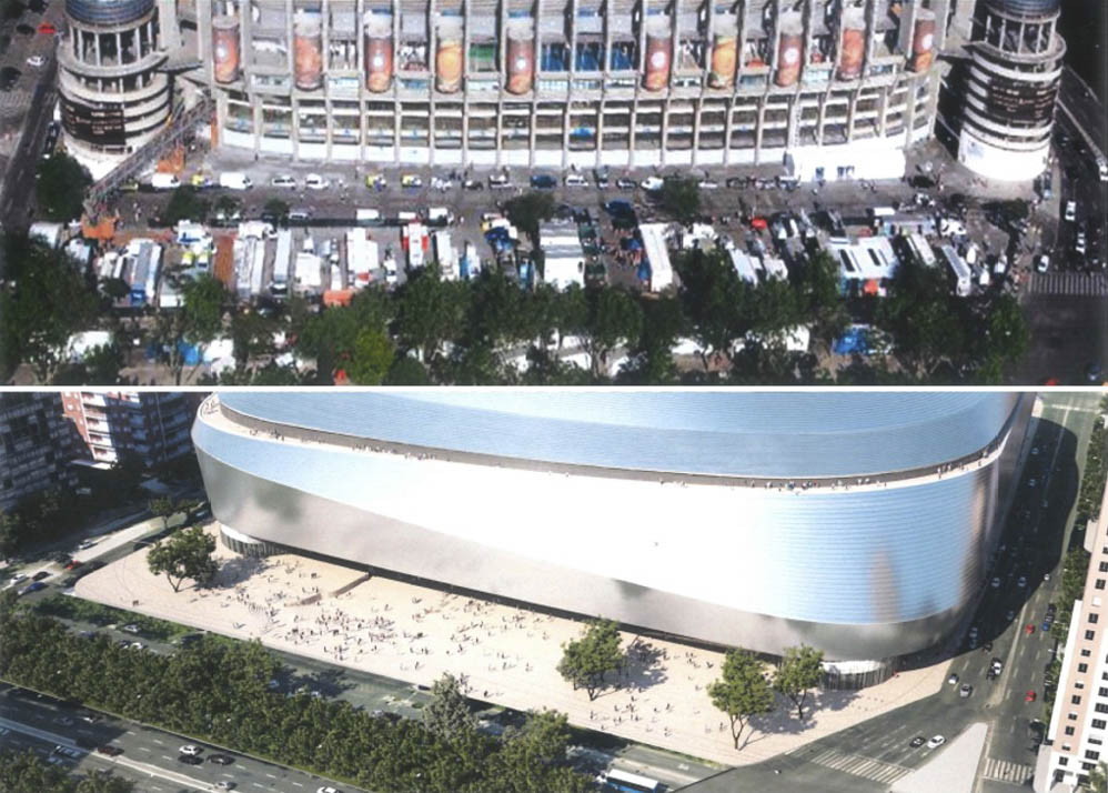 Estado actual y estado reformado de la fachada oeste del estadio en el acceso desde Castellana
