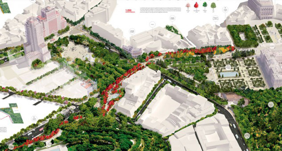 Vista aérea esquemática de la próxima remodelación de la Plaza de Ezpaña y su conexión con los jardines de Sabatini y el tempo de Debod. 