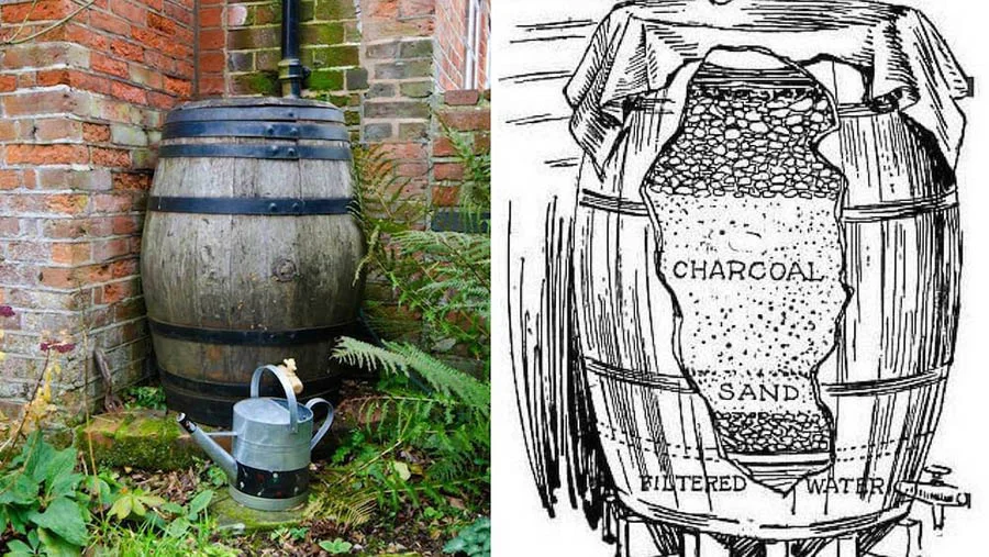 El sistema casero típico para recolectar y filtrar agua de lluvia. Un barril con diferentes capas de arena, grava y carbón.