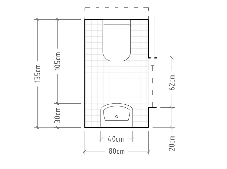 A - Aseo mínimo con cisterna empotrada (se debe prever un espacio en el muro o tabique para la cisterna) y lavabo sin encimera enfrentados. La puerta corredera es necesaria ya que con una abatible sería muy complicado cerrar el baño una vez dentro.