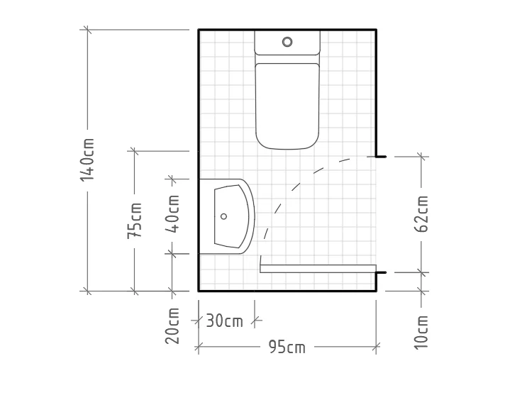 D - Aseo mínimo con inodoro y lavabo sin encimera en paredes perpendiculares. A diferencia de los casos anteriores, en esta ocasión, se puede colocar una puerta abatible de 62cm (medida más usual en baños), pero hay que tener cuidado de que no golpe…