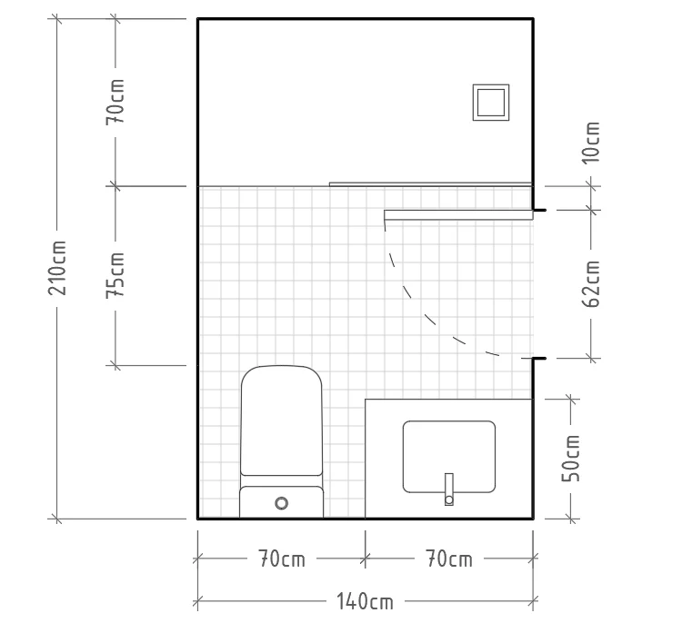N - Baño mínimo con inodoro y lavabo con encimera en una misma pared, con ducha enfrentada. Al igual que en el anterior caso, debemos tener mucho cuidado de no golpear la mampara con la puerta del baño. Esto se puede evitar completamente colocando una puerta corredera.