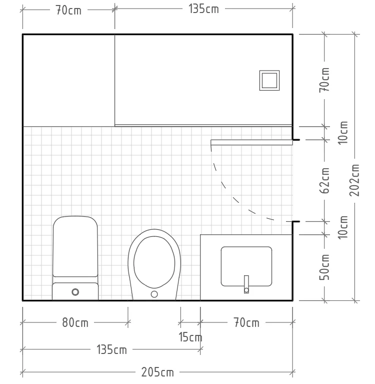Q - Baño mínimo completo con inodoro, bidé y lavabo con encimera en una misma pared y ducha con zona de secado enfrentada al resto de aparatos sanitarios. Si disponemos de mucho espacio para la zona de ducha puede ser recomendable incluir una zona d…