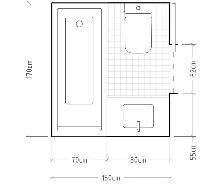 I - Baño mínimo con inodoro y lavabo con encimera enfrentados, con bañera al fondo. Con 170cm de ancho y 70cm de fondo podemos optar por algunas de las bañeras y duchas más grandes del mercado, pero también podríamos poner una ducha más pequeña con …