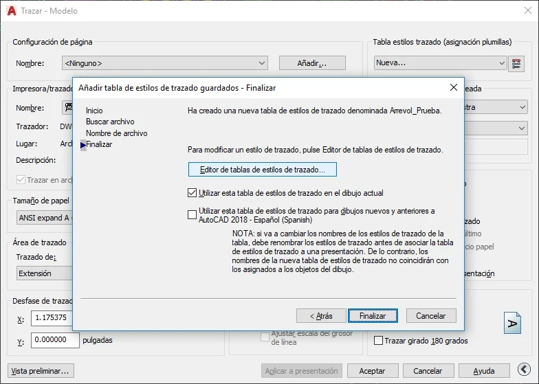 4- Por último damos a "Finalizar" para completar el proceso de creación de la plumilla. Si queremos editar los estilos de trazado antes de crear la plumilla podemos entrar en el editor antes de finalizar el proceso.