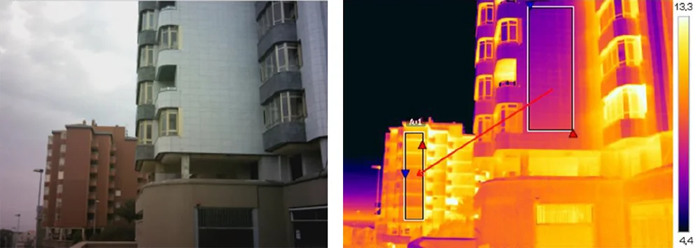 Comparación a través de una termografía de dos edificios, uno con rehabilitación energética con introducción de lana de roca (derecha) y otro sin rehabilitar (izquierda). Se observa como el edificio de más al fondo o izquierda pierde mucho calor a través de la fachada. Fuente: Sergio Melgosa, termógrafo
