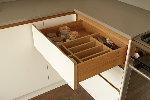 A bespoke drawer box from European oak in a standforth kitchen