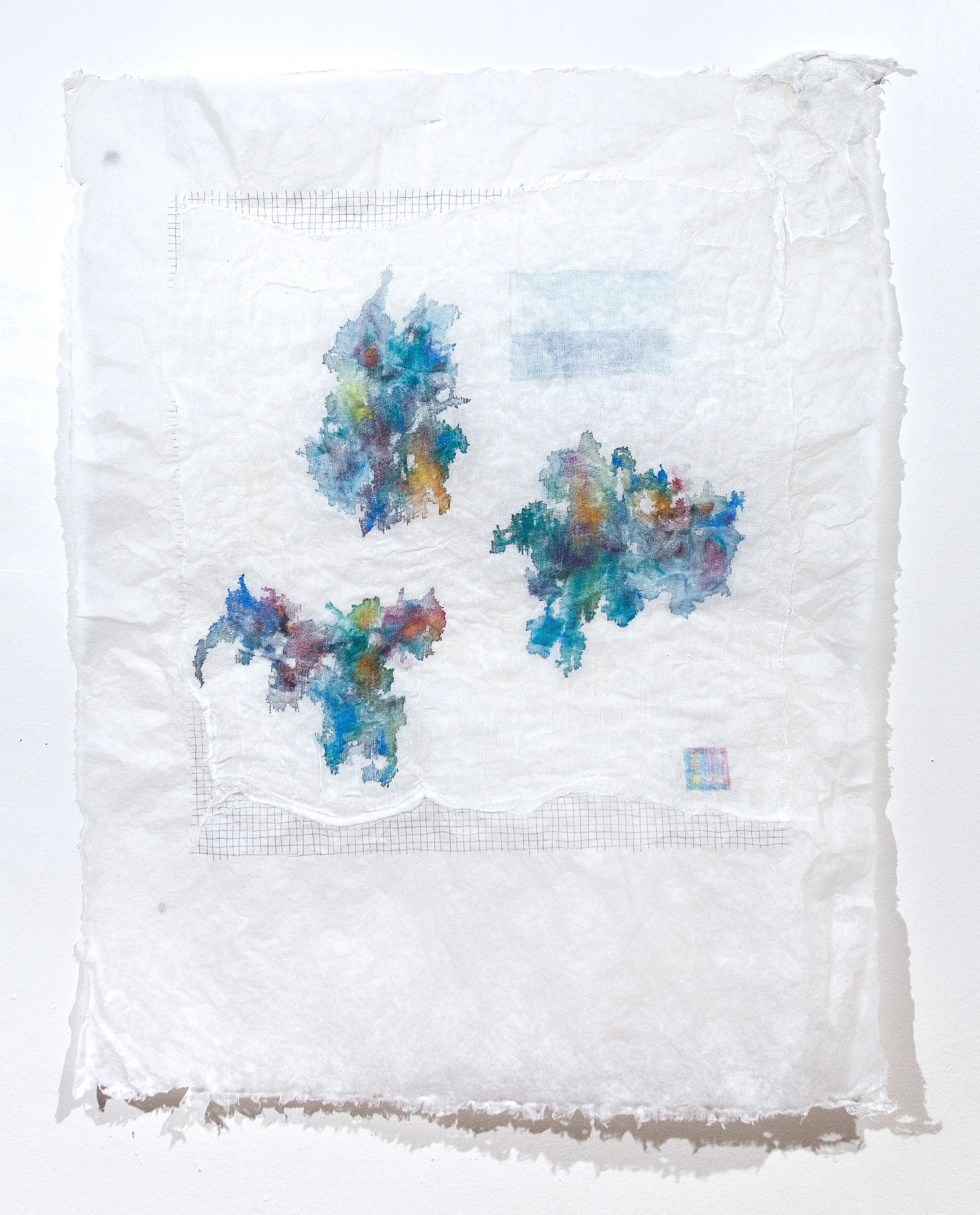 Lessons from Lakes, Rivers, Oceans, Rain, Ice / Emerging From Receding To Watercolor, graphite, colored pencil and cheescloth on handmade paper 28" x 22"