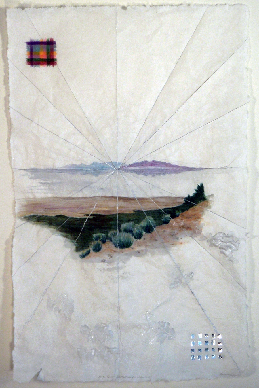 Horizon Lessons (Great Salt Lake from Antelope Island) watercolor, colored pencil, graphite, and aluminum tape on handmade paper 22" x 13 1/2"