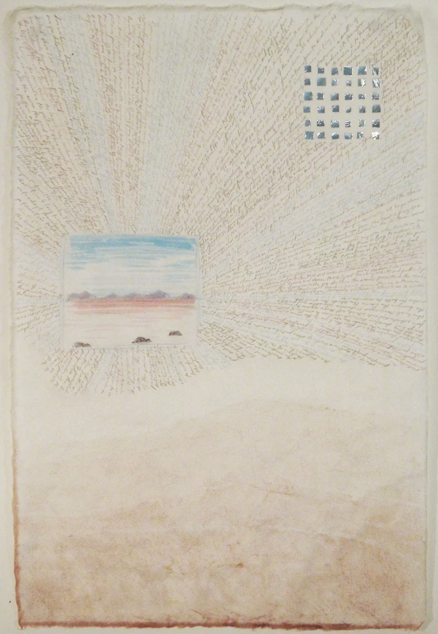 Perspective 1 (Great Salt Lake from Spiral Jetty) Watercolor, colored pencil, graphite, aluminum tape and red salt on mulberry paper 18" x 12"