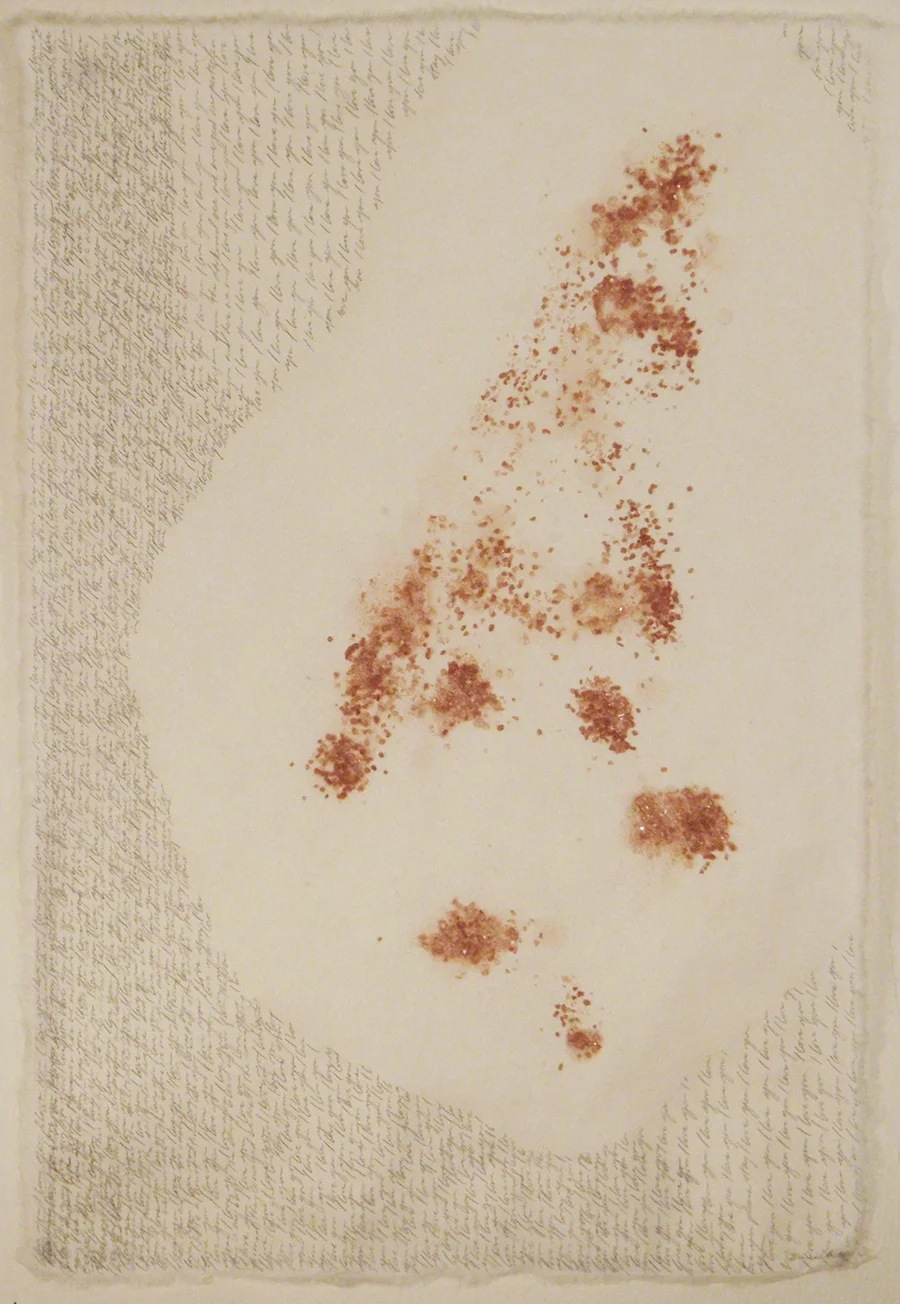 Emerging Dissolving 3 Graphite and red salt on mulberry paper 18" x 11"
