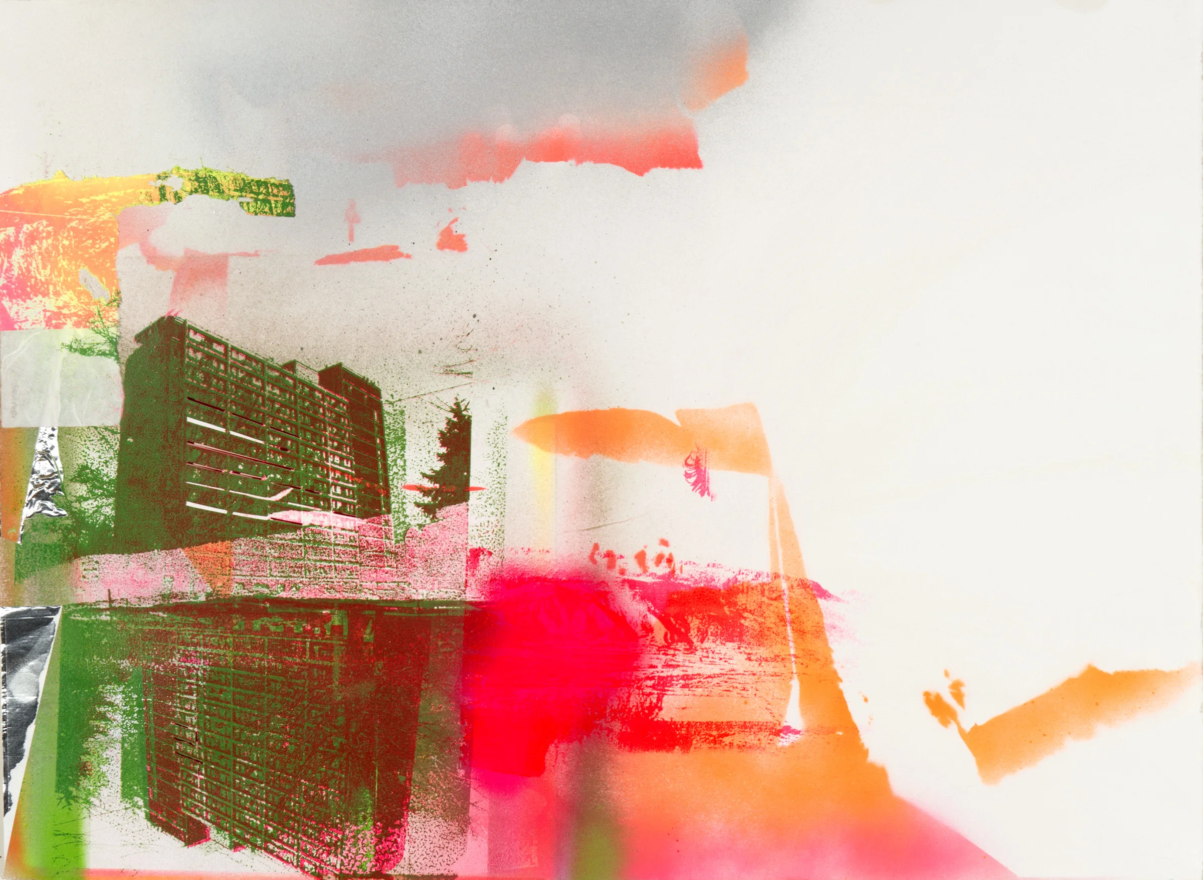 Musicians' Towers offers affordable housing for those 55 and over with low to moderate incomes (home to many from the Soviet air-lift diaspora of 1989) Screenprint, pencil, spray paint, flashing tape & collage on paper 22.5" x 30"