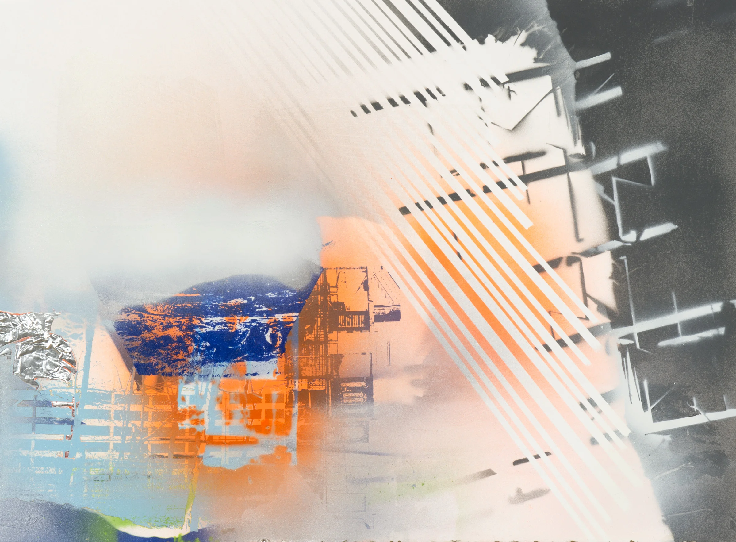 Secure Parking Included! Screenprint, pencil, spray paint, flashing tape & collage on cut paper 22.5" x 30"