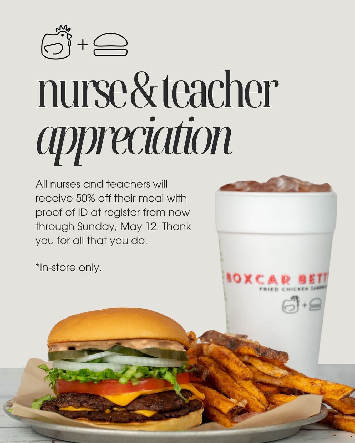 To show our appreciation, nurses and teachers can receive 50% off your meal now through Sunday, May 12 at the register with proof of ID. ❤️
In-store only. 
#boxcarbettys #nurseappreciationweek #teacherappreciationweek