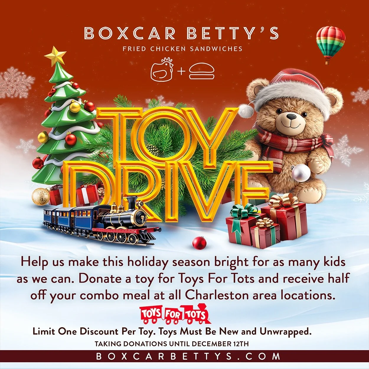 Toy drive at all Charleston area locations! 🧸 New unwrapped toys accepted until Dec 12th. #boxcarbettys #toysfortots