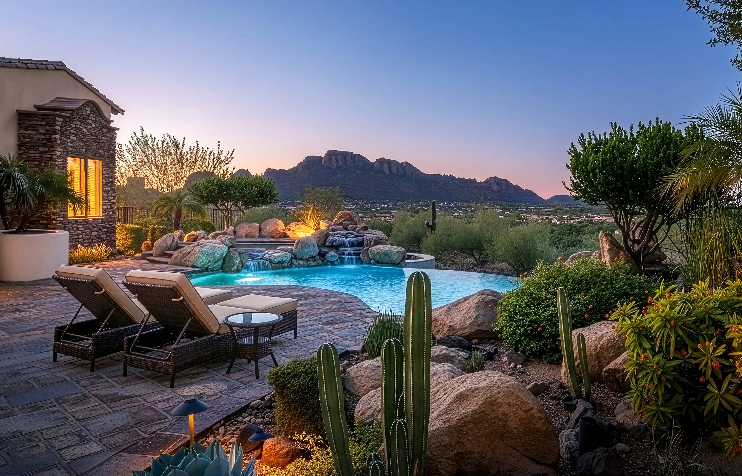 A backyard with a swimming pool surrounded by rocks and desert plants, with mountains in the background during sunset.