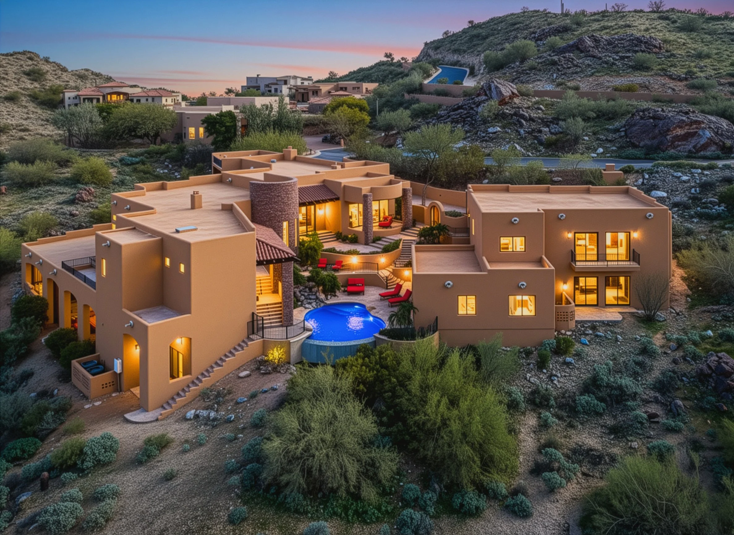 A multi-story house on a hillside with desert vegetation, including bushes and small trees. The house has beige and brown exterior walls, flat roofs, and large windows, with some interior lights visible. There is a small rounded pool and outdoor seating area on the lower level. The background shows other houses and rocky hills under a pinkish-purple sunset sky.