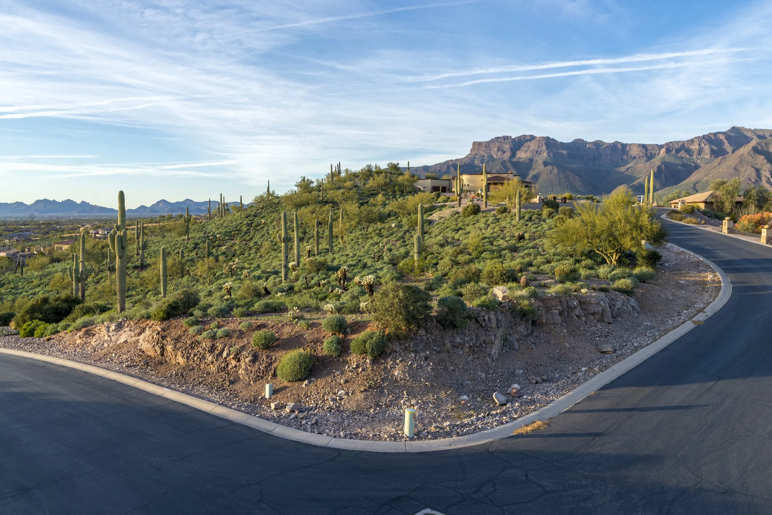 A winding paved road on a desert hillside with cacti and green bushes, with mountains and a blue sky with wispy clouds in the background.