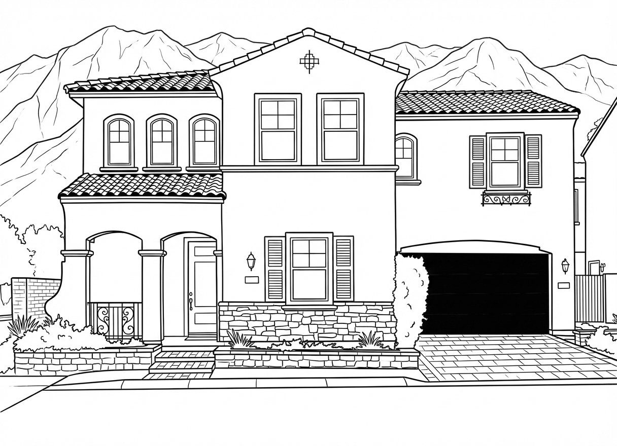Line drawing of a two-story suburban house with a tiled roof, front door, and garage, set against mountains in the background.