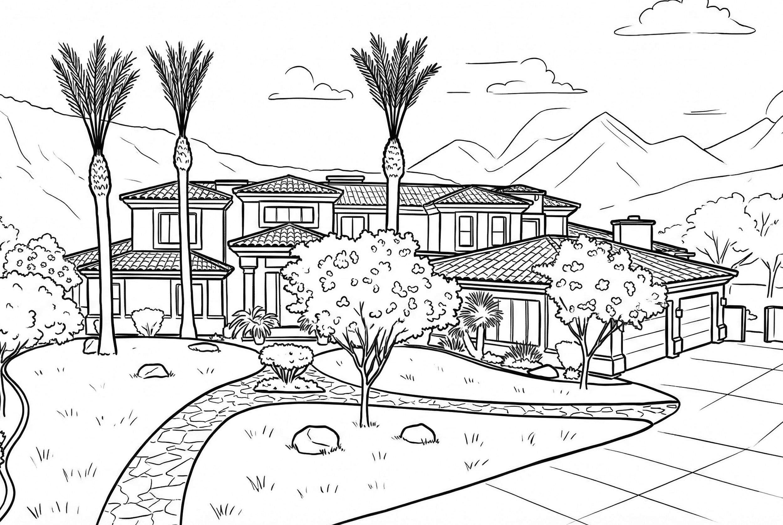 Line drawing of a luxurious house with a paved driveway, surrounded by palm trees, bushes, and a landscaped yard, with mountains in the background and a partly cloudy sky.