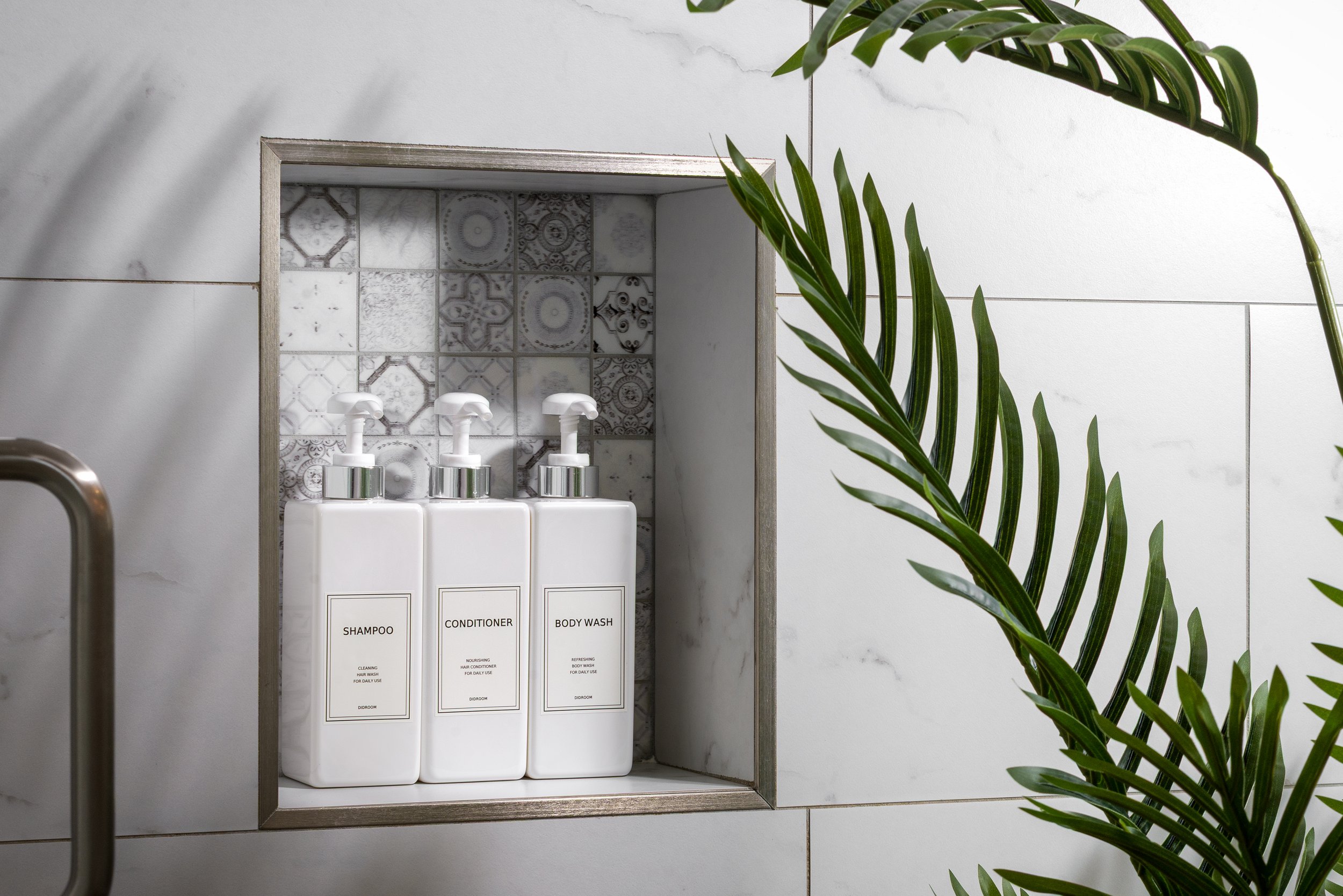 Bath amenities at an airbnb short term rental photography in scottsdale arizona with shampoo conditioner and body wash