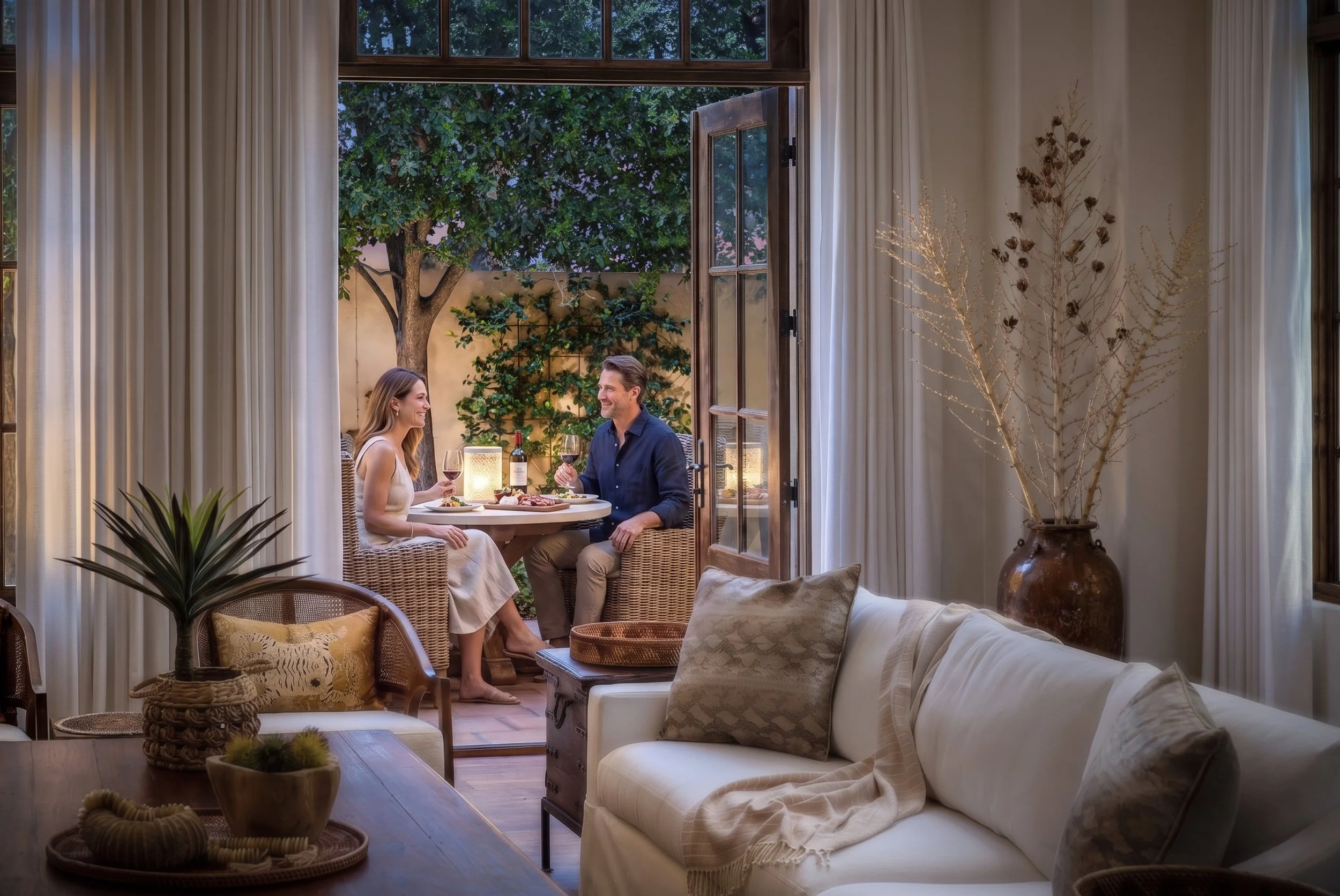 luxury vrbo photographer in Paradise Valley arizona with couple staged in backyard