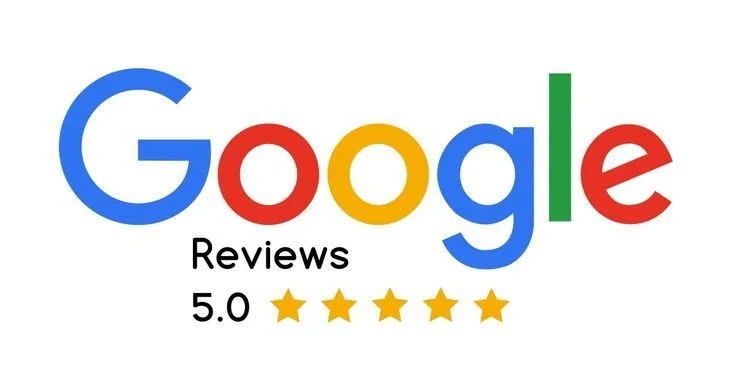 Google logo with the word Reviews, 5.0 stars rating, and 5 gold stars underneath.
