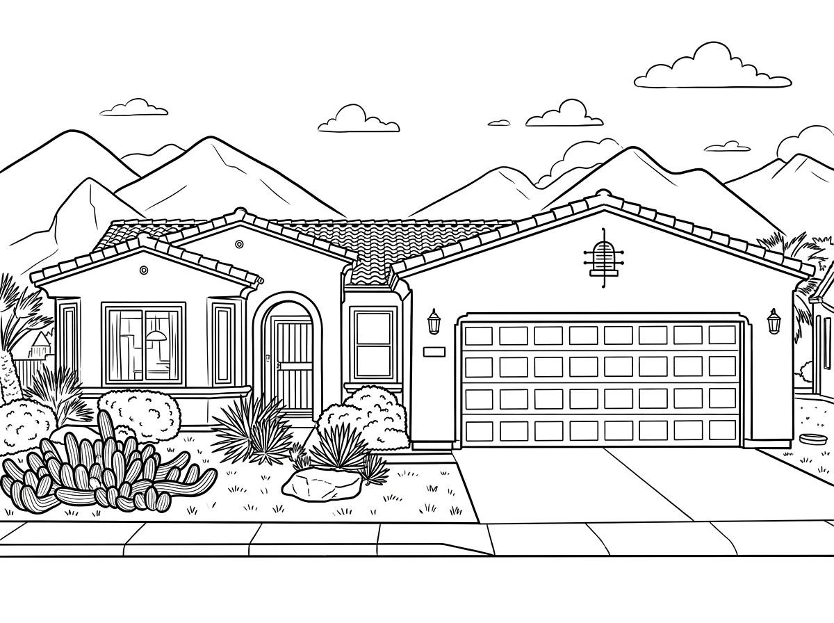 A black and white line drawing of a house with a tiled roof, a large front window, a garage door, and a front door with an arched top. There are shrubs, plants, rocks, and a sidewalk in the front yard. Mountains and clouds are visible in the background.
