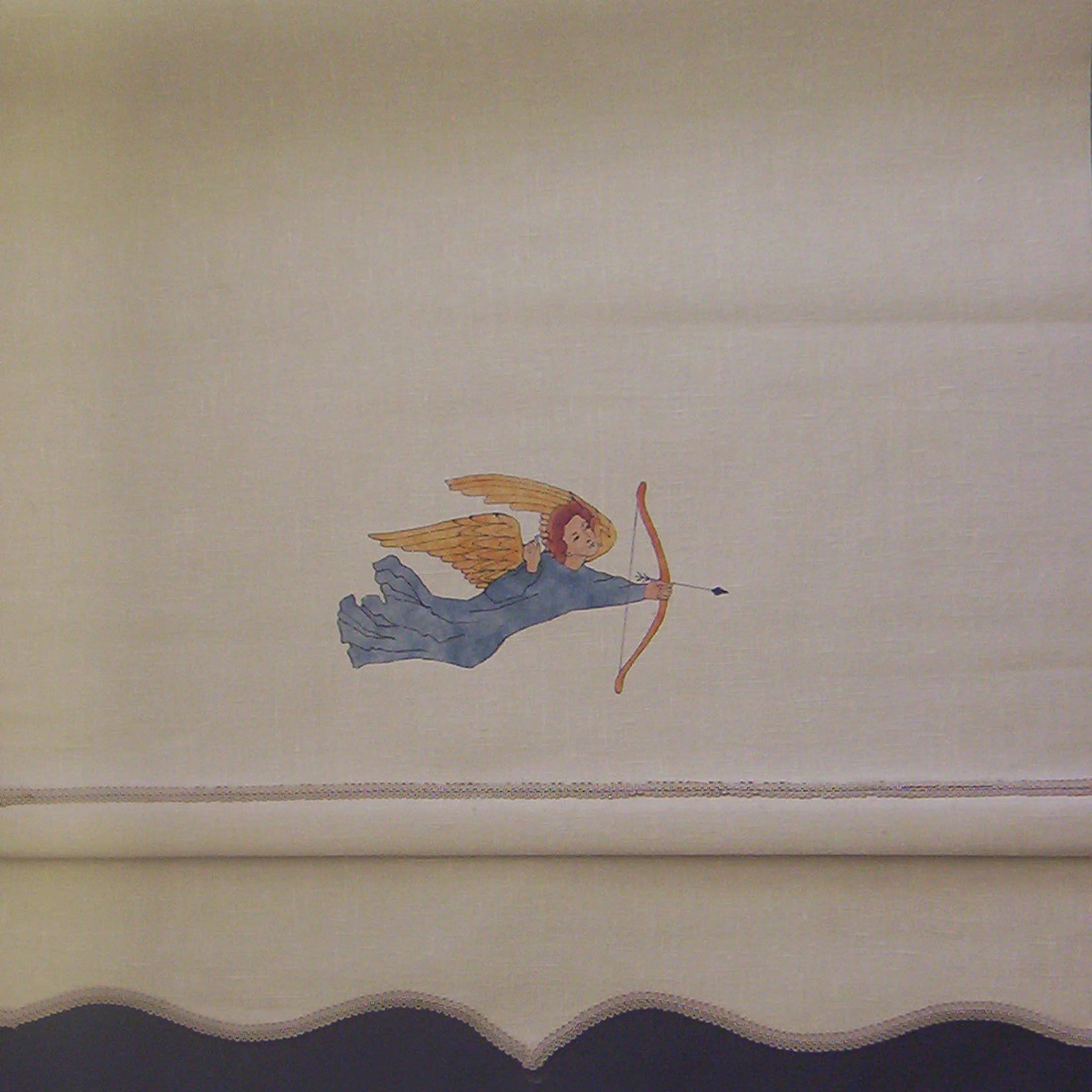 A hand painted angel from the Voysey Angel Forest pattern on a roller shade. We also adapted some of the wallpaper foliage as a stencil pattern for the over drapes.