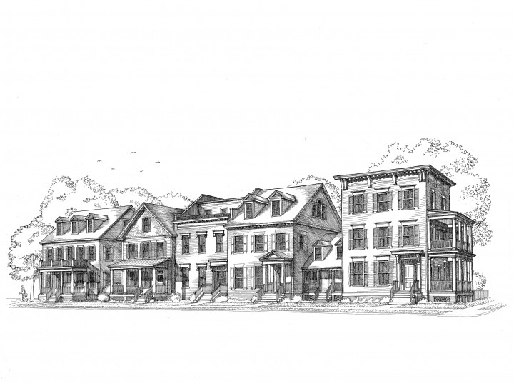 This is our architect's original conceptual rendering of The Beacon Hill Collection, with architecture inspired by the best of Georgetown, Old Town Alexandria, and some of Boston's historic neighborhoods.