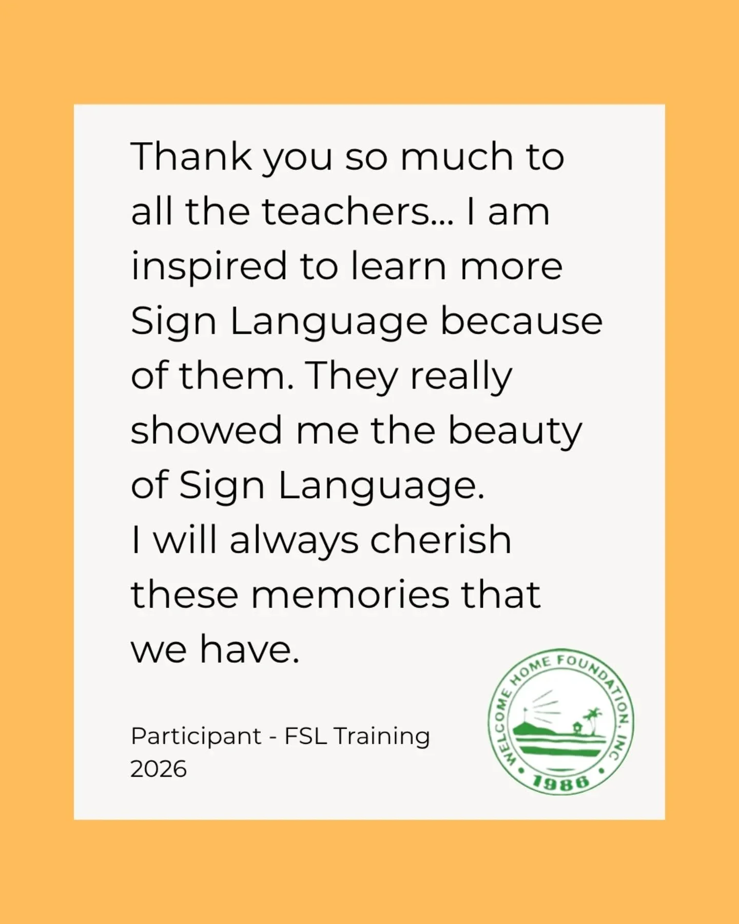 We love receiving feedback like this 🥹❤️

If you missed out on the last FSL Training, don't worry we still have our Summer Sign Language and Arts Workshop! 
Message us to save your spot.

#thankyouteachers❤️ #signlanguageclass #welcomehomefoundation