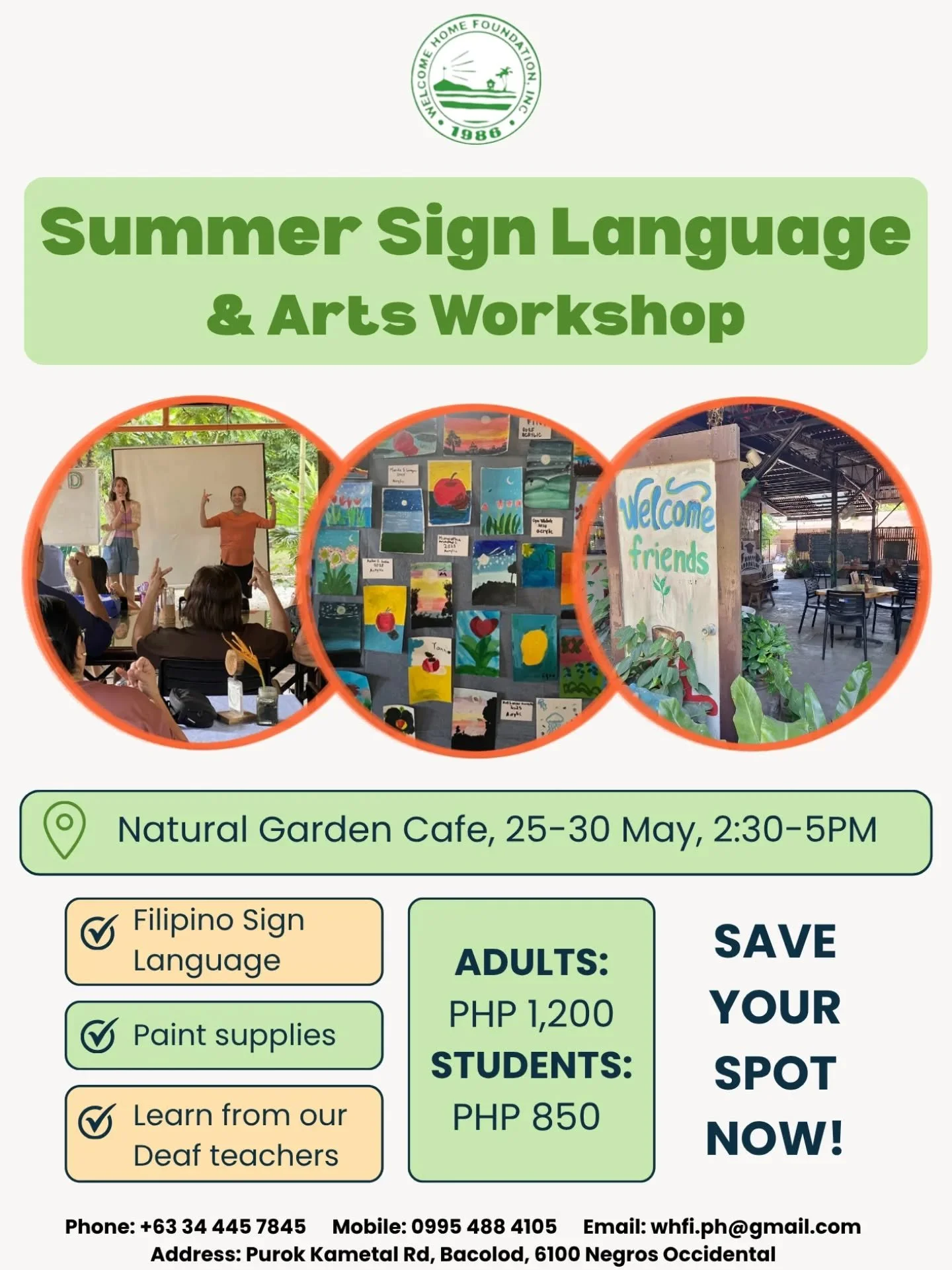 ‼️ Workshop in Bacolod City ‼️ Sign Language Lessons and Acrylic Painting ‼️

Join us 2:30pm - 3:30pm for Acrylic Painting. Go home with your own master art piece!

3:30 - 5:00pm learn the basics of Filipino Sign Language.

Join us each day next week
