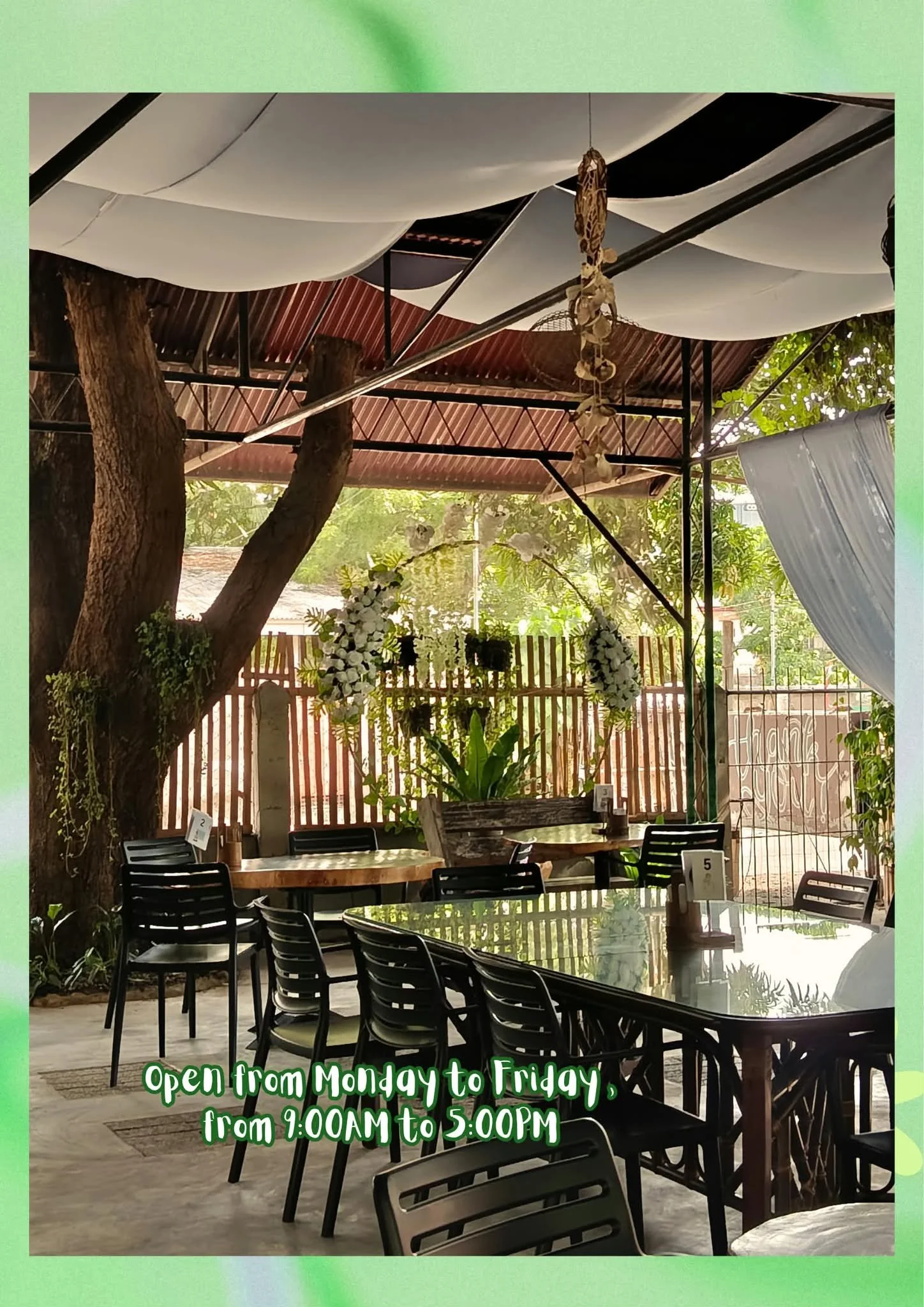 Open from Monday-Friday, 9am-5pm. Enjoy our peaceful cafe, with beautiful garden views and a charming interior. We hope to see you soon!