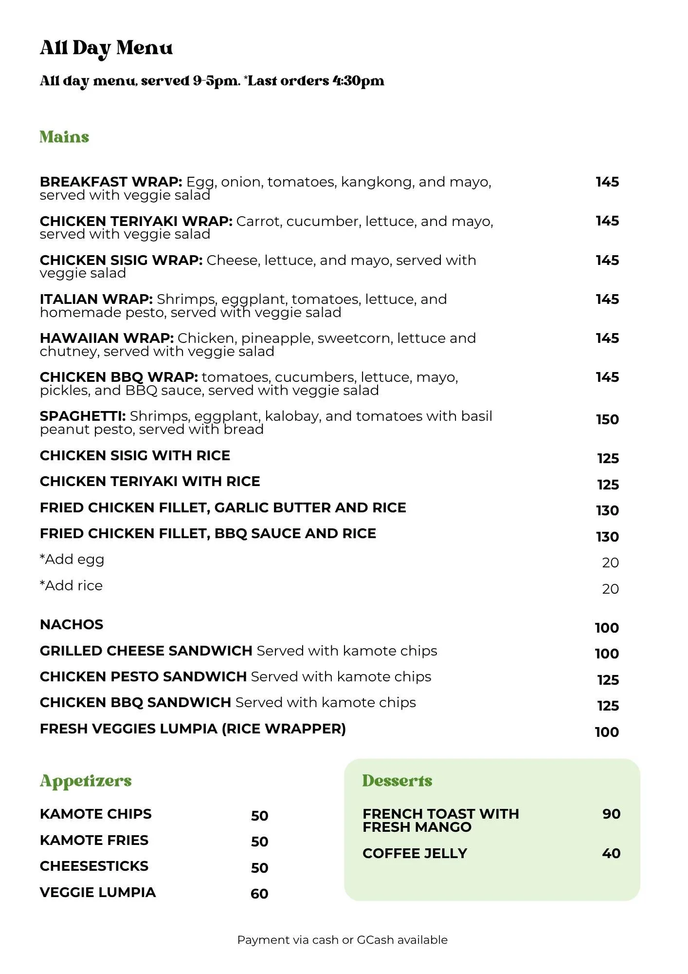 Our updated menu! Please contact us to check item availability, and for seasonal specials. 
Thank you for your support!