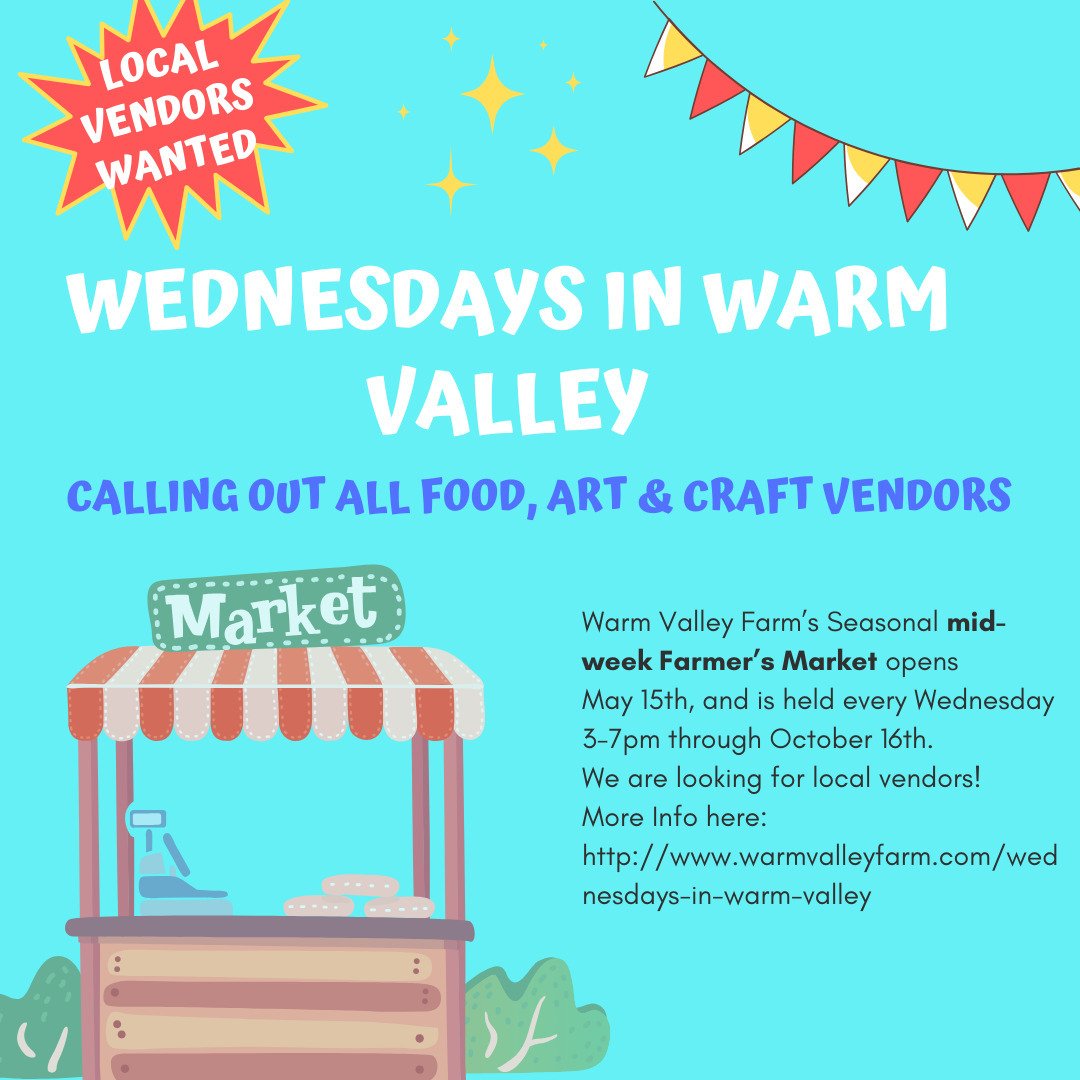 Hey Island Friends, 
We are looking for new local vendors for this years Wednesdays in Warm Valley Farmers Market. It runs though mid-October from 3PM to 7PM. 
Reach out if you'd like to be part of the fun!