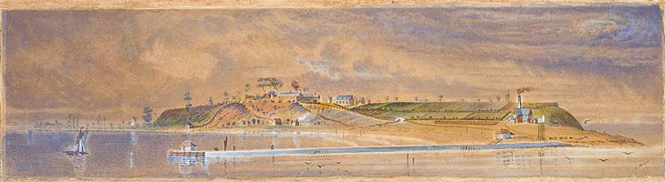 Recently in 2013, a local Brisbane resident, Trisha Anderson, discovered this watercolour wrapped up in plastic and towels hidden in a wardrobe of her Hendra home. Her grandfather, William Gall, was a comptroller of the Queensland prisons in the late 19th and early 20th centuries. One of his jobs was to regularly travel to and inspect St Helena Island...the painting was presented to him when he retired in the early 1920's. She later learned that this is the only painting of St Helena Island in existence. This rare treasure was donated to the Museum of Brisbane and is claimed to be one of the most exciting finds in the last 10 years by local historians. It was painted by 33 year old inmate, Charles Winn in 1878.