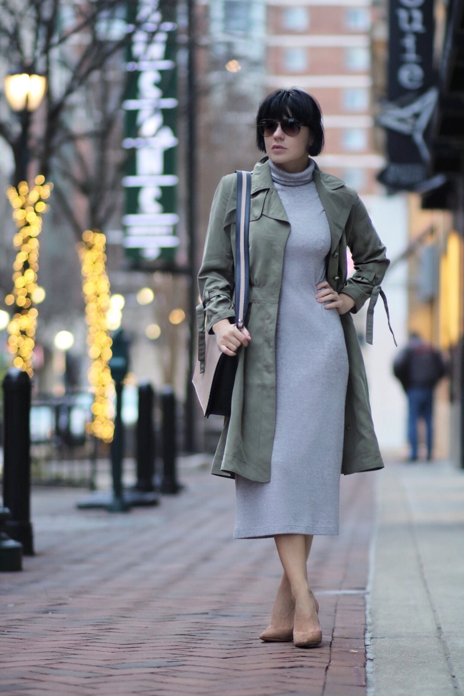 grey knit dress layered trench dress petite outfit
