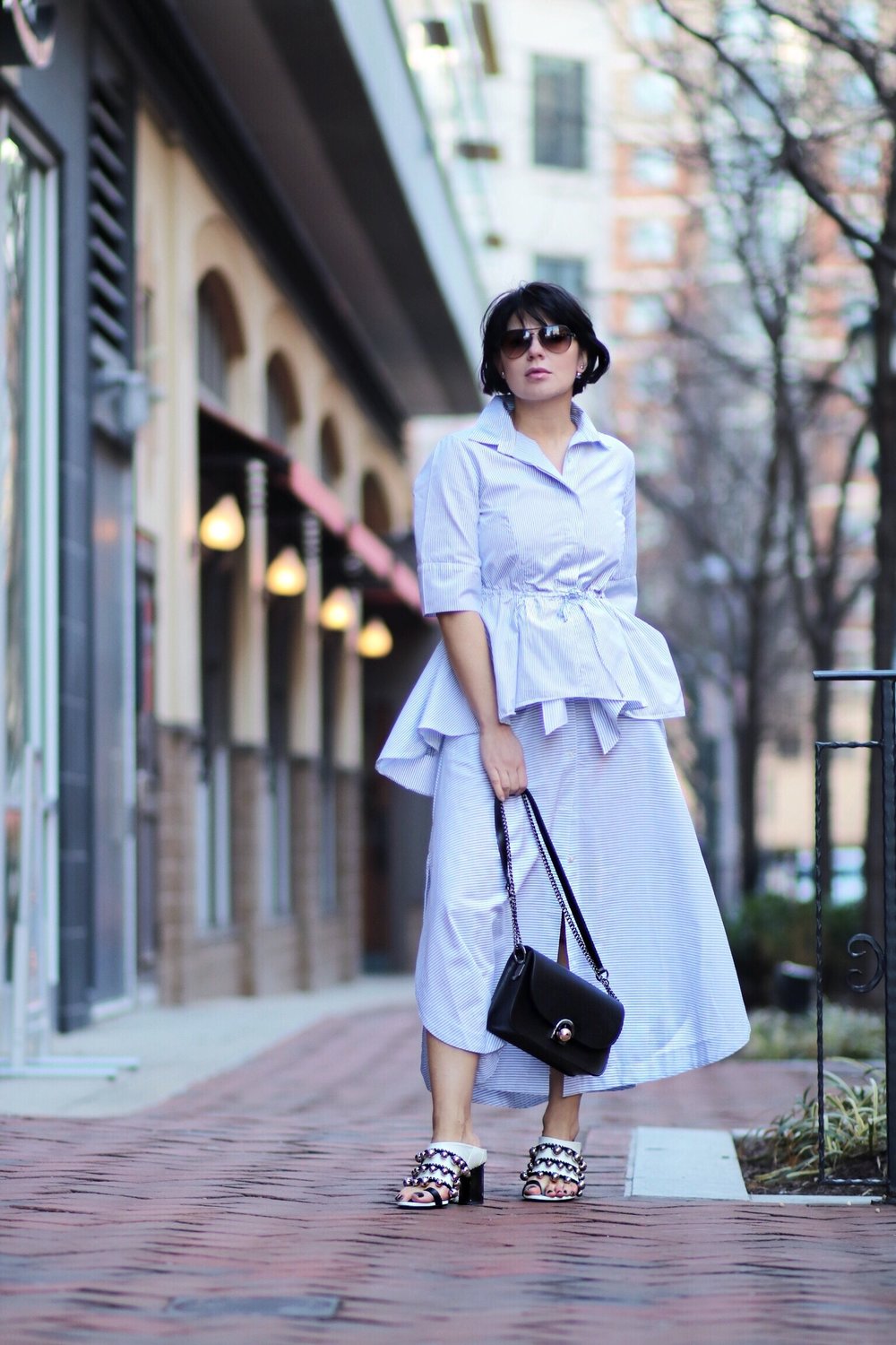 striped outfit studded mule blogger style