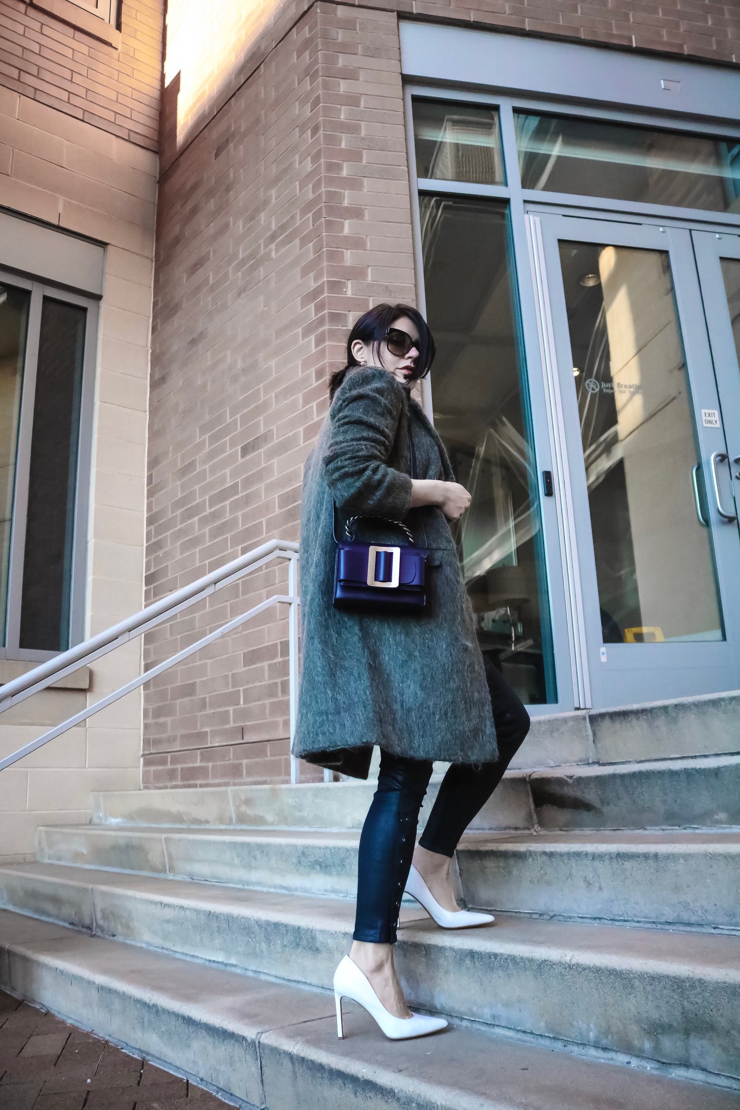 Isabel-Alexander-wearing-Asos-khaki-coat-petites-white-heels-climbing-stairs