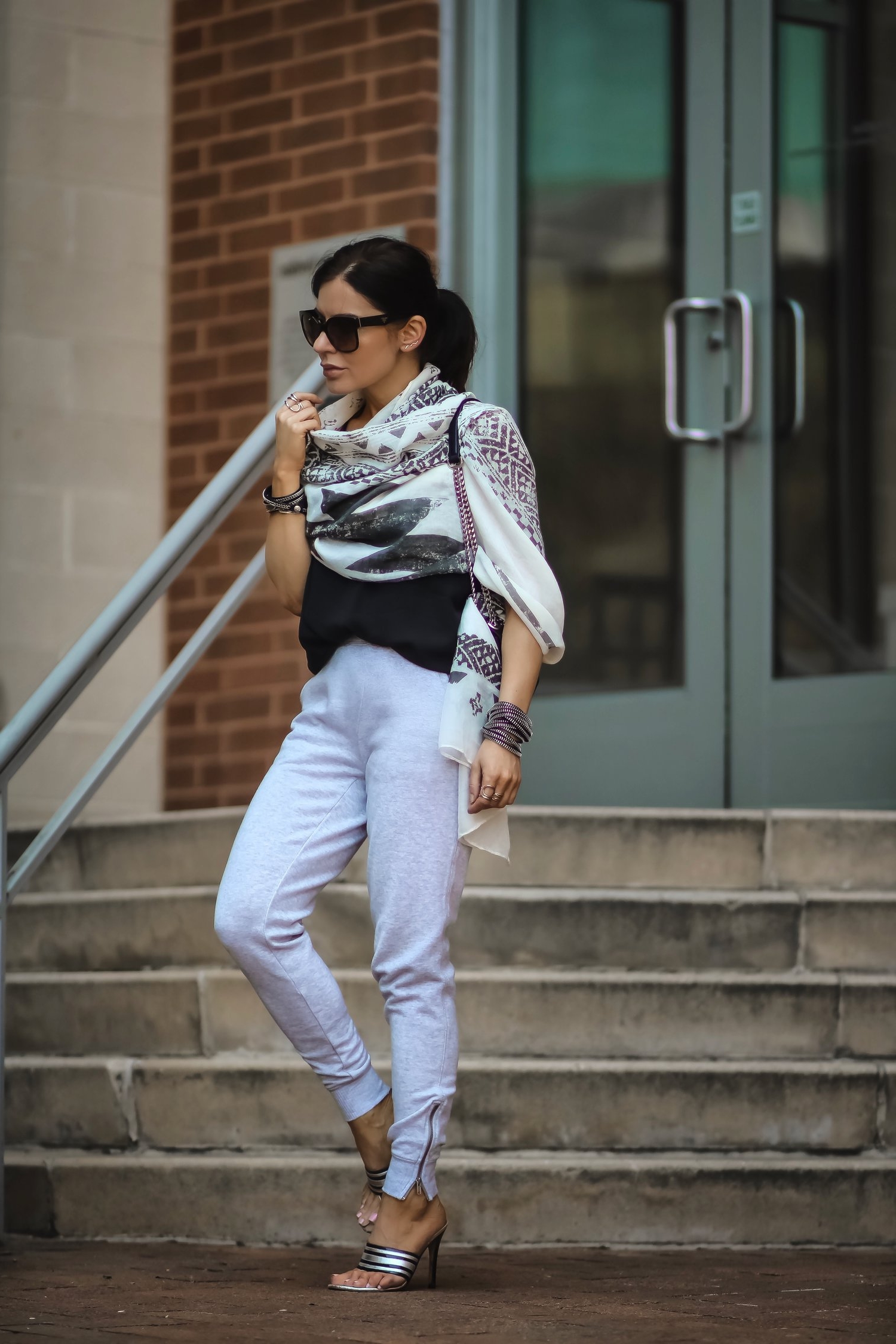 Isabel-Alexander-Aerie-grey-joggers-white-scarf-steps