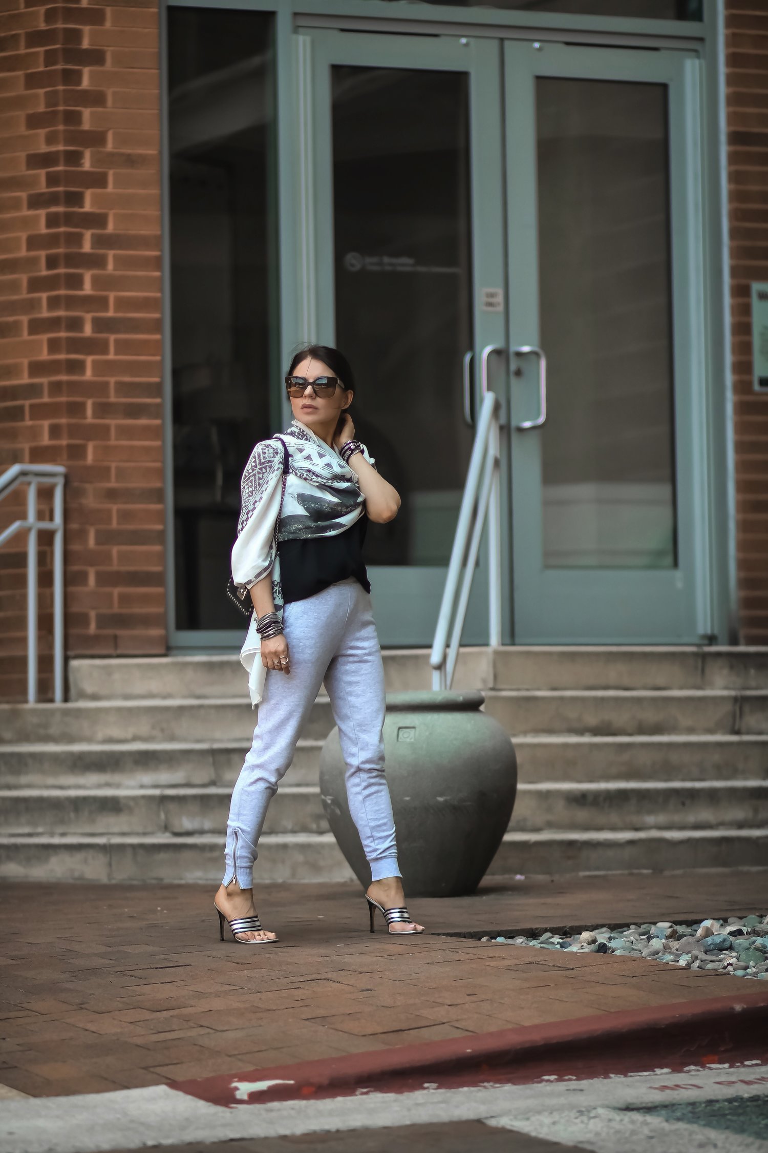 Isabel-Alexander-Aerie-light-grey-joggers-scarf-Gina-shoes-blogger-style