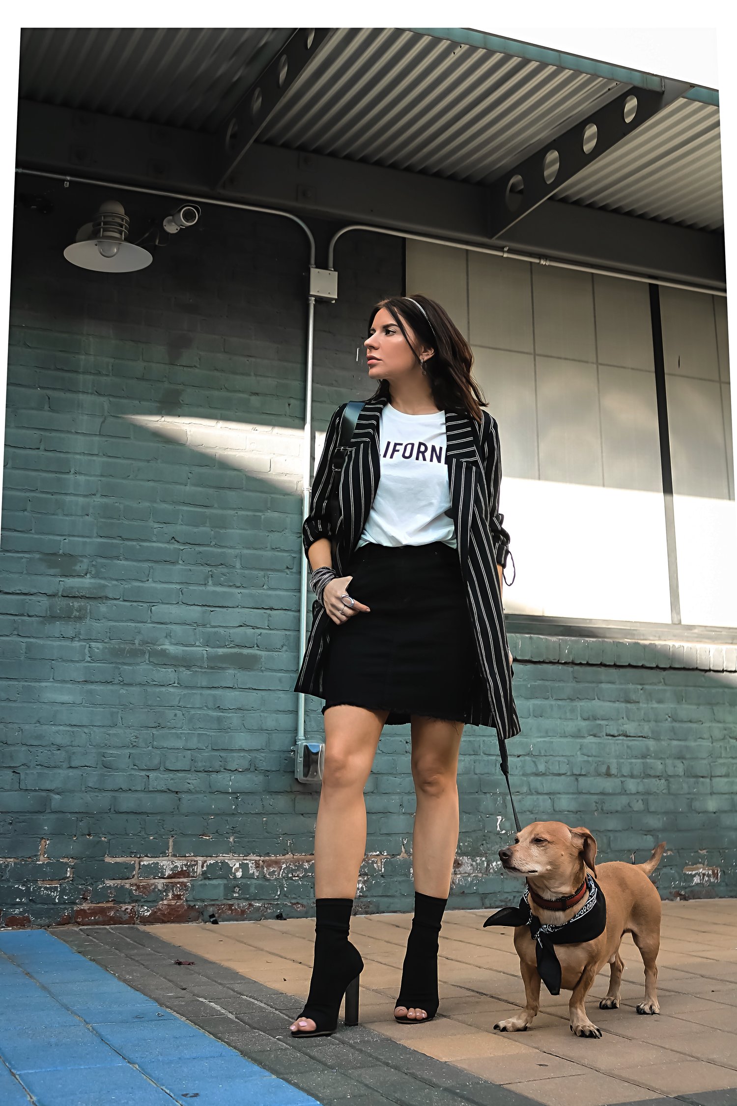 Isabel Alexander With Her Daschund Dog Wearing Stradivarius Striped Blazer H&M Skirt