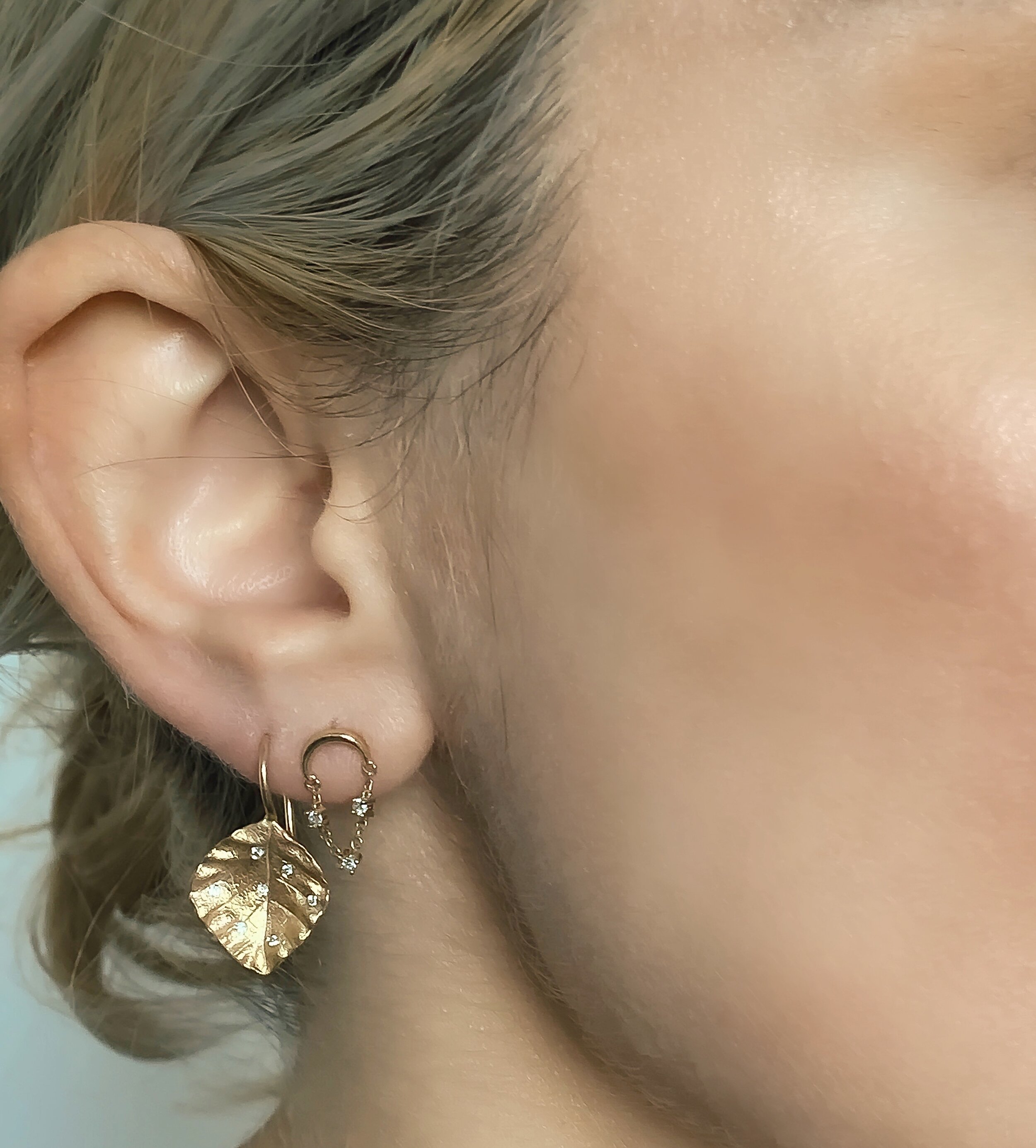 14K REAL Diamond Olive Leaf Stud Earrings Real Solid Gold Micro Prong Genuine Natural Diamond Ear Post Screw-back Stud Piercing Earrings