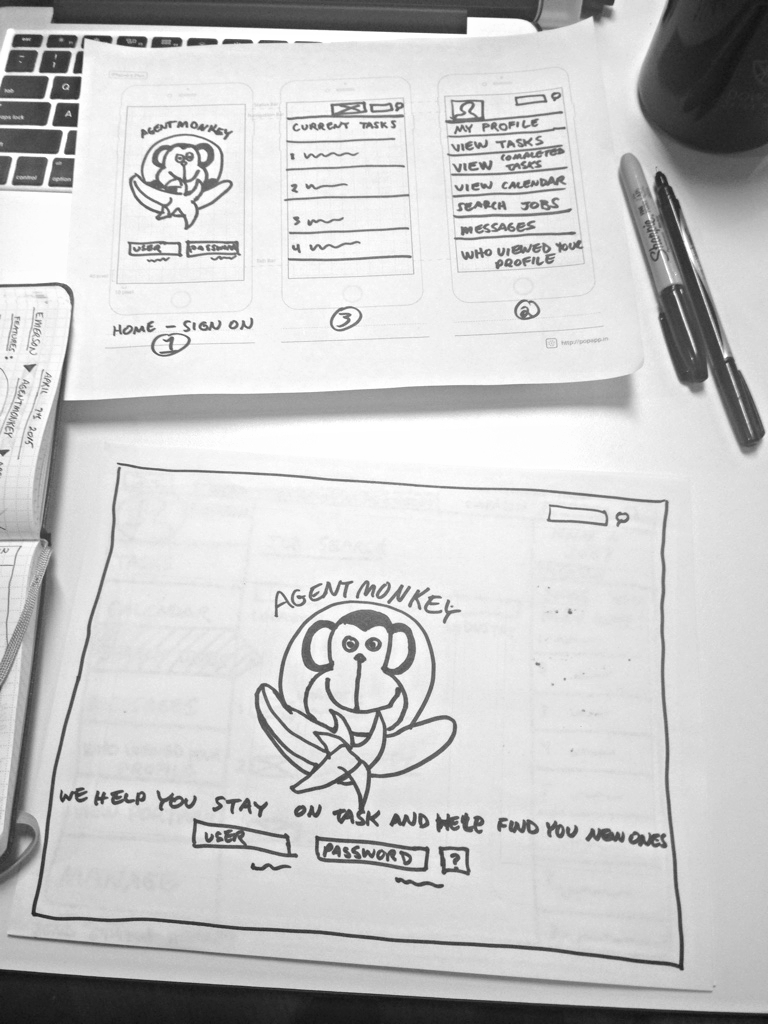 Agentmonkey was created from a research interview uncovering challenges through questions that were not leading in any way. &nbsp;The challenge: &nbsp;How does one complete freelance jobs while searching for new jobs and still having a hold on time …