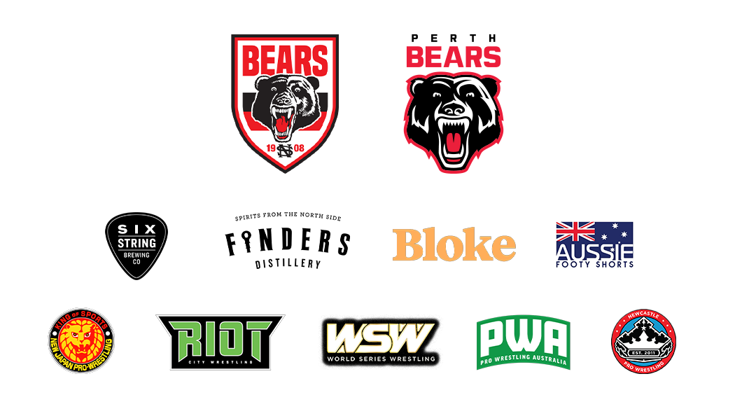 Logos of various sports teams and organizations, including two bear mascots at the top, beneath which are logos for Six String Brewing Co, Bloke, Aussie Footy Shorts, New Japan Pro Wrestling, Riot City Wrestling, World Series Wrestling, Pro Wrestling Australia, and Newcastle Pro Wrestling.