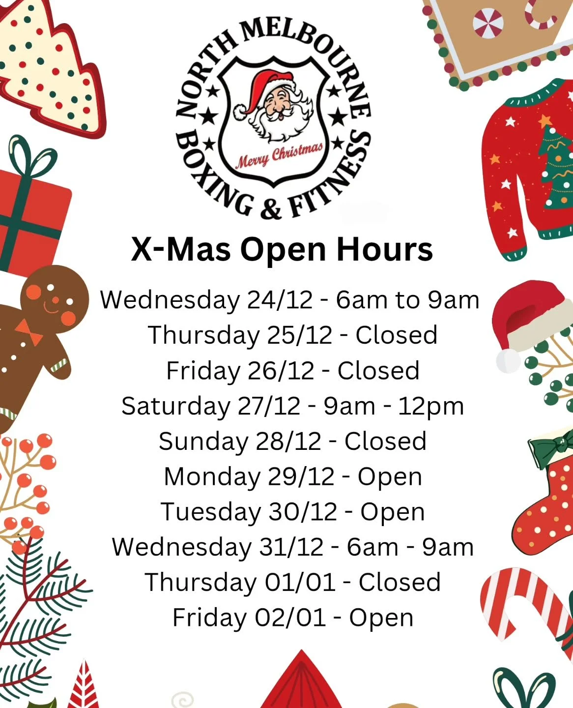 From everyone @northmelbourneboxing and @north_melbourne_muay_thai we thank you for you valued support, and wish you all a Merry Christmas and a Safe &amp; Happy New Year. 🎅🎄🥊

*Classes will run as per our timetable during open hours.
